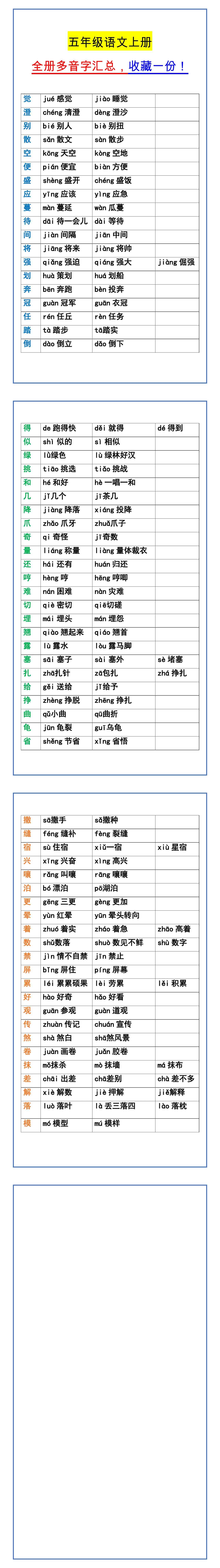 五年级语文上册 全册多音字汇总，收藏一份！