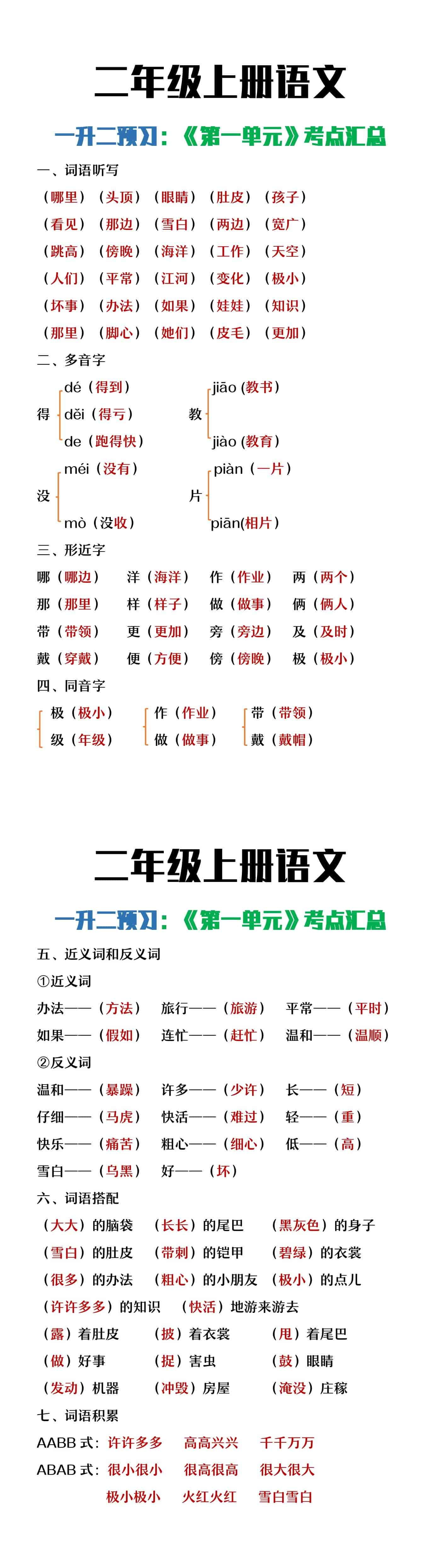 二年级上册语文第一单元考点汇总