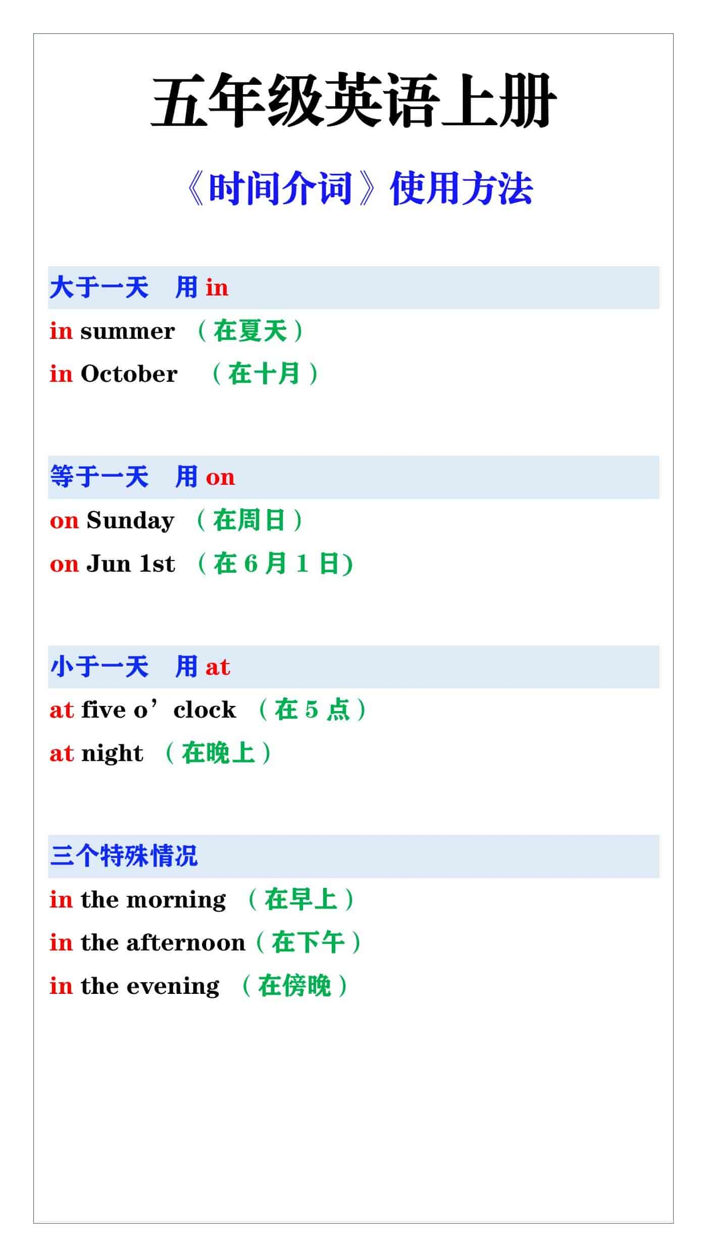 五年级英语上册《时间介词》使用方法