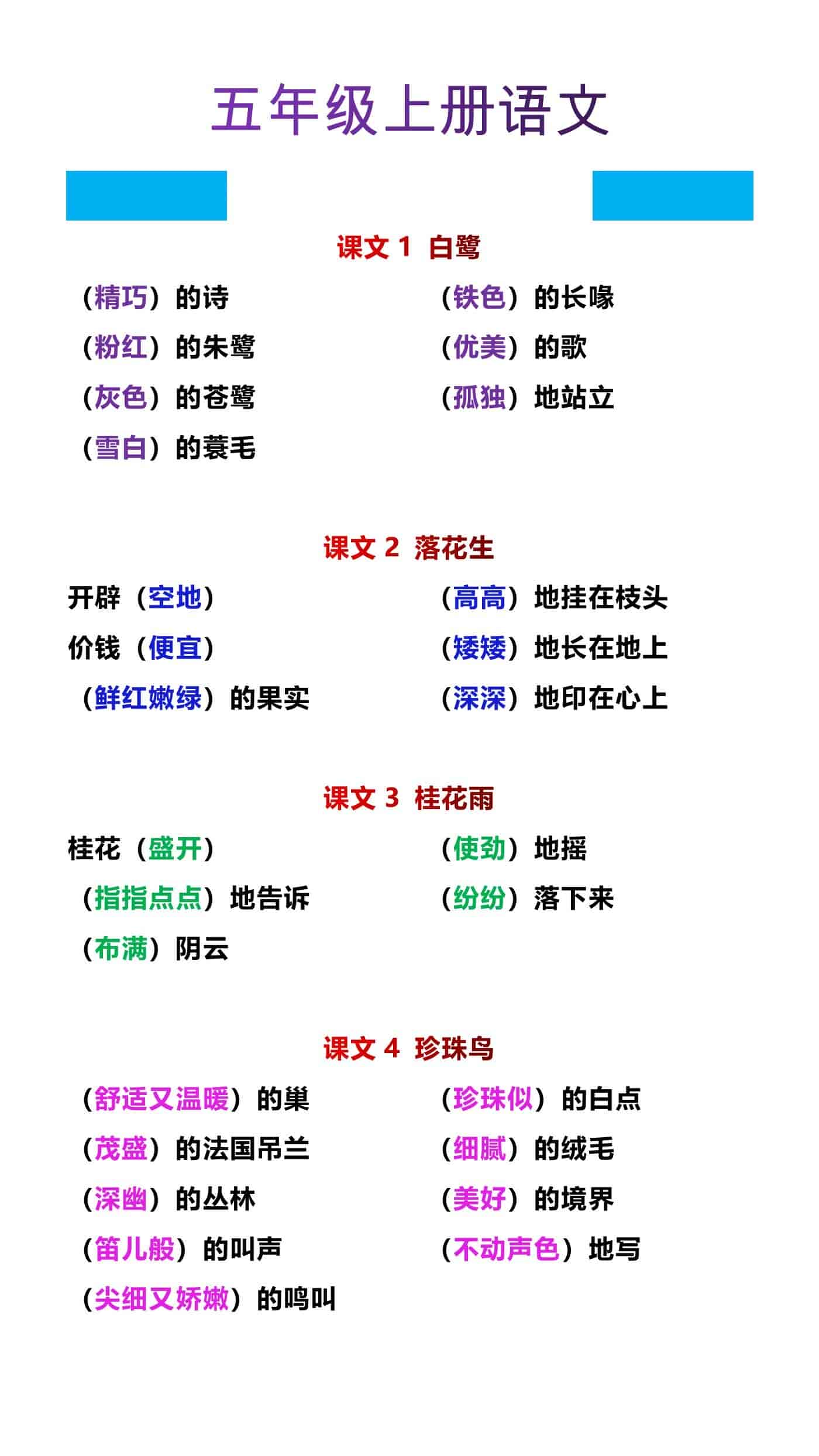 五年级上册语文第1单元必考词语搭配整理