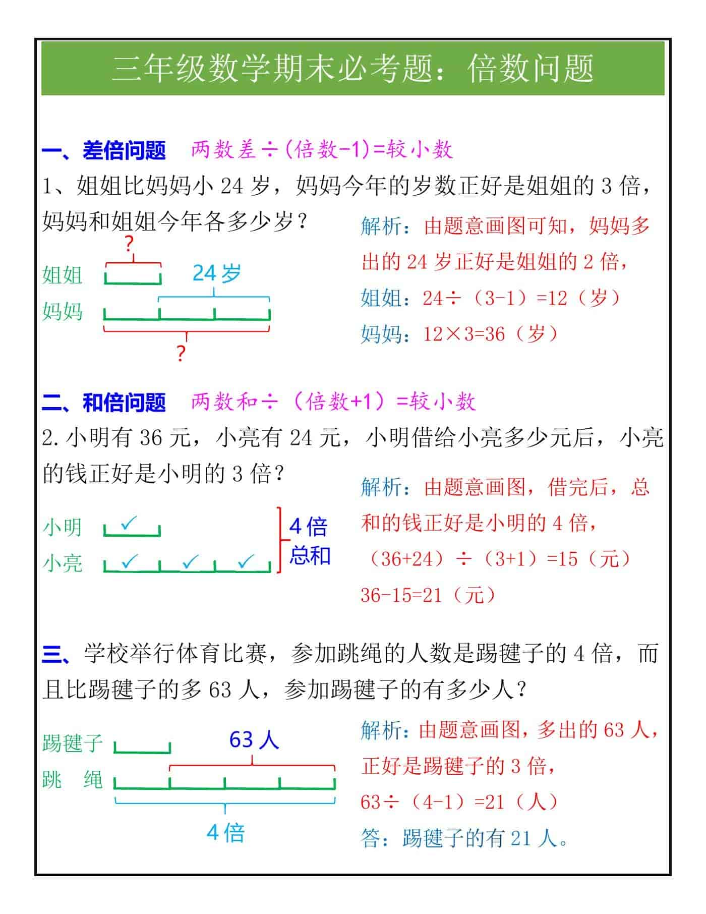 三年级数学期末必考题：倍数问题