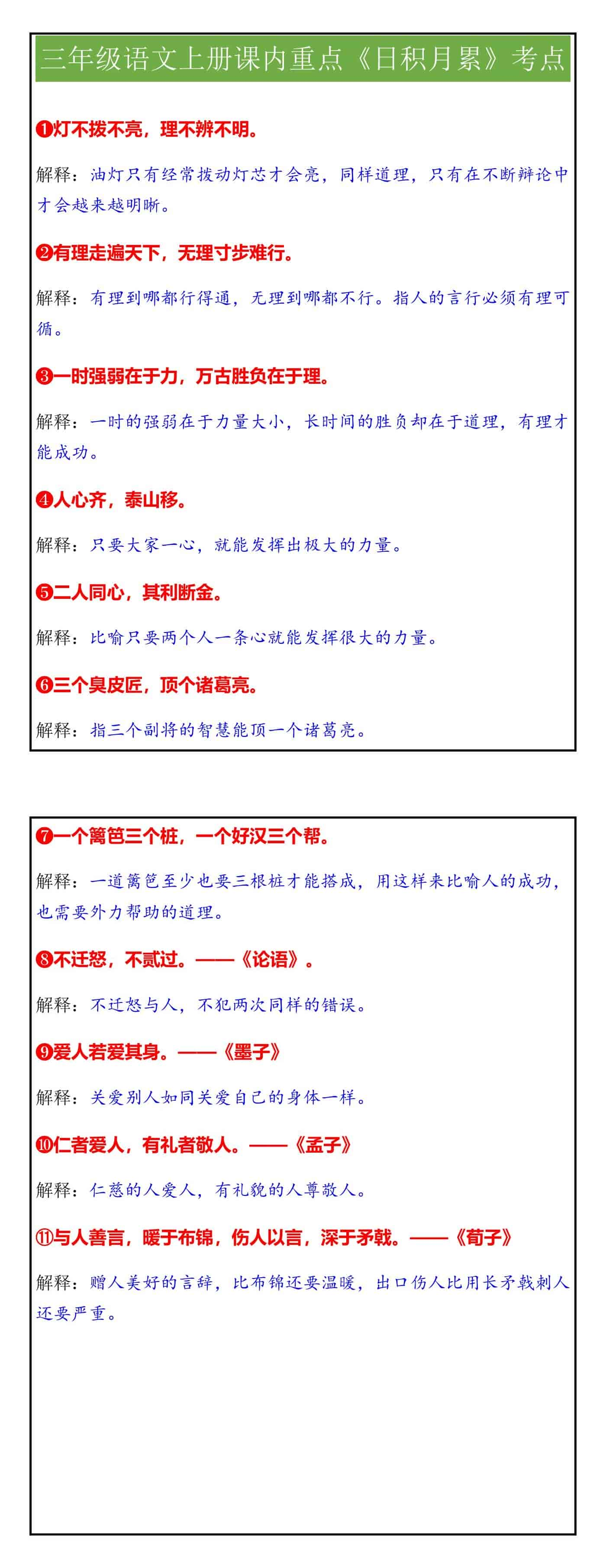 三年级语文上册课内重点《日积月累》考点