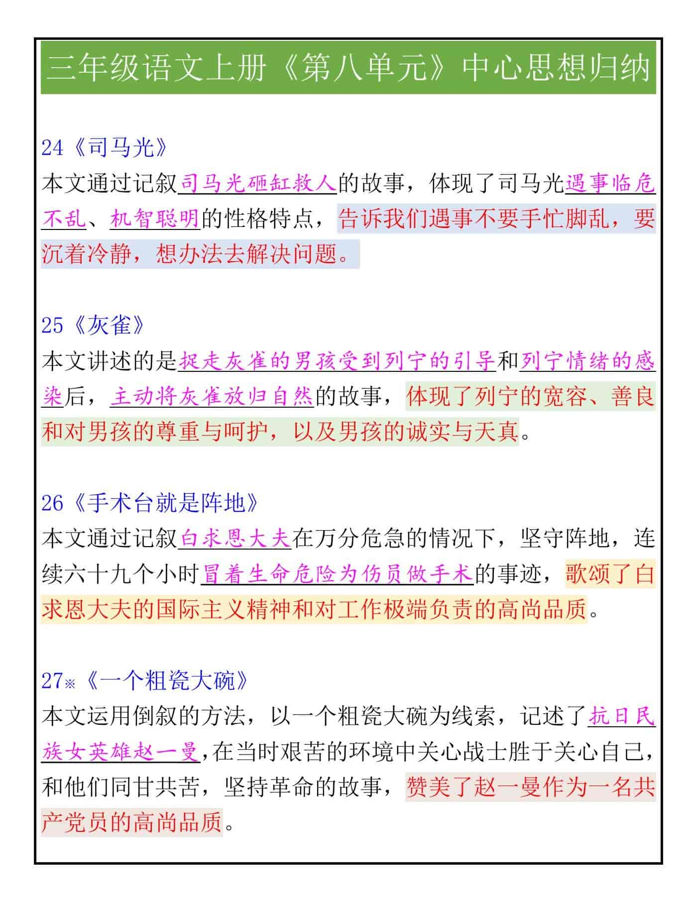 三年级语文上册《第八单元》中心思想归纳