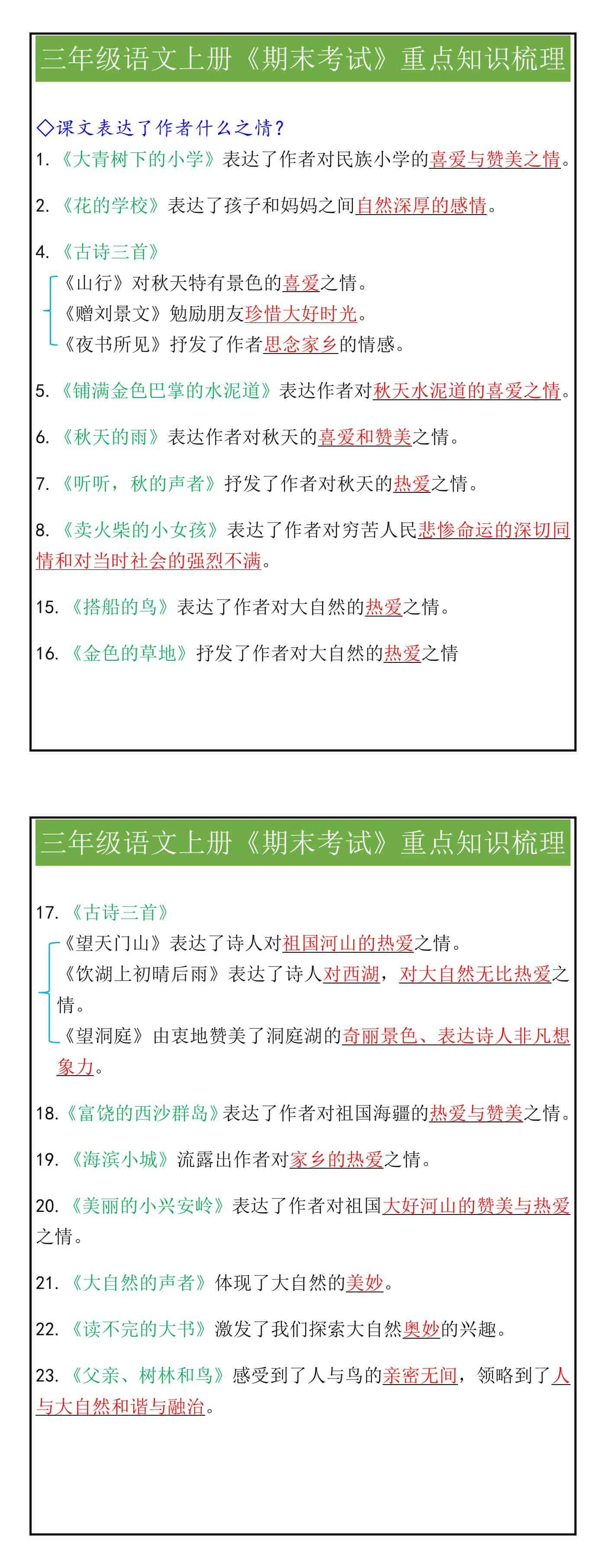 三年级语文上册《期末考试》重点知识梳理