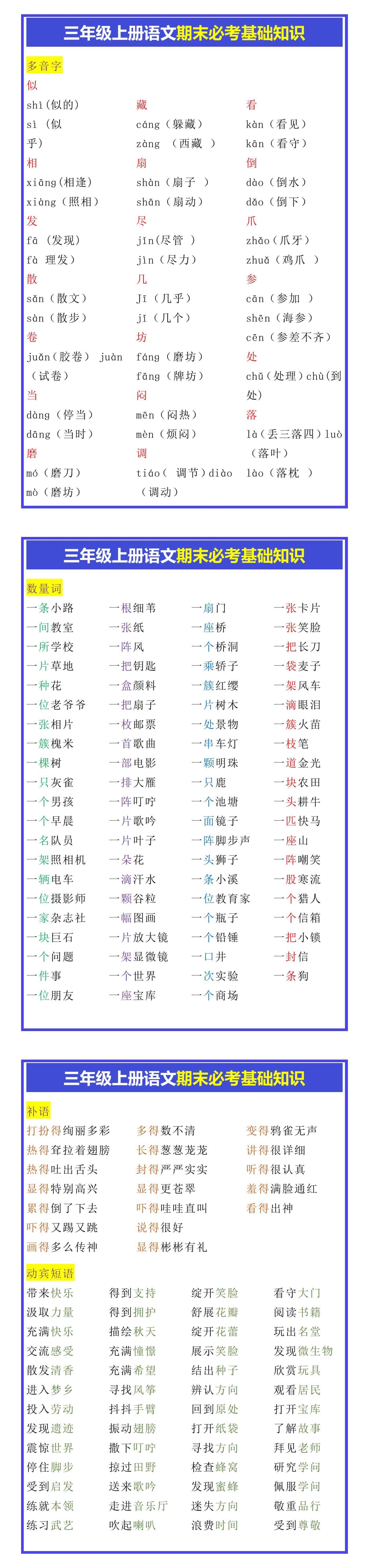 三年级上册语文期末必考基础知识