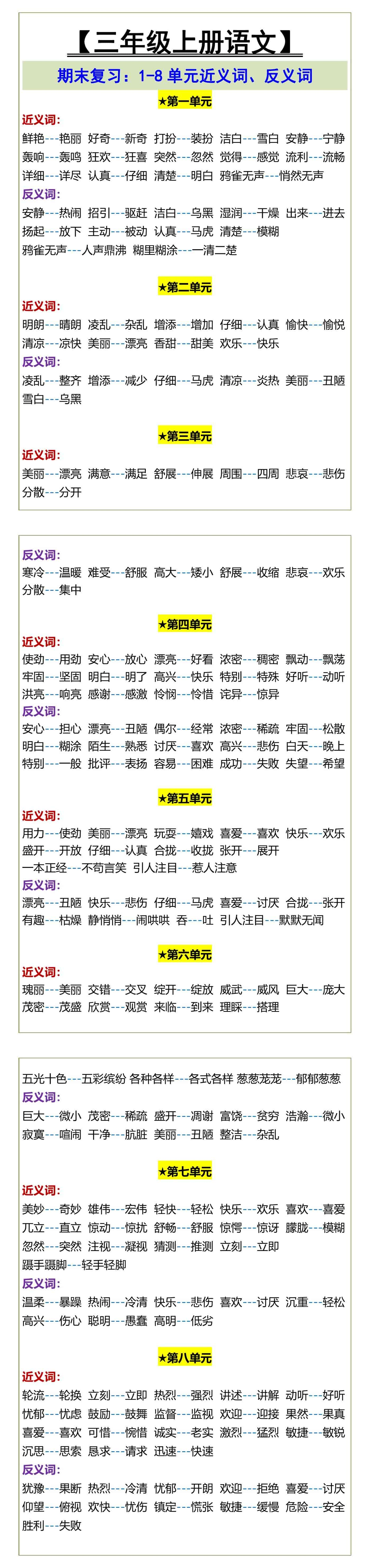 三年级上册语文期末复习近义词、反义词