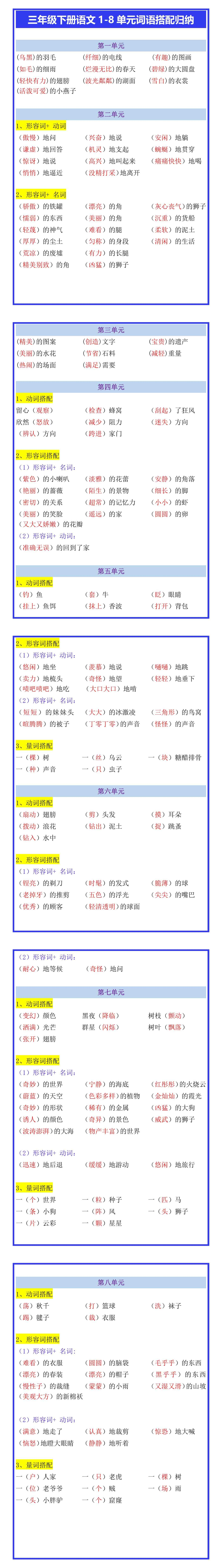 三年级下册语文1-8单元词语搭配归纳