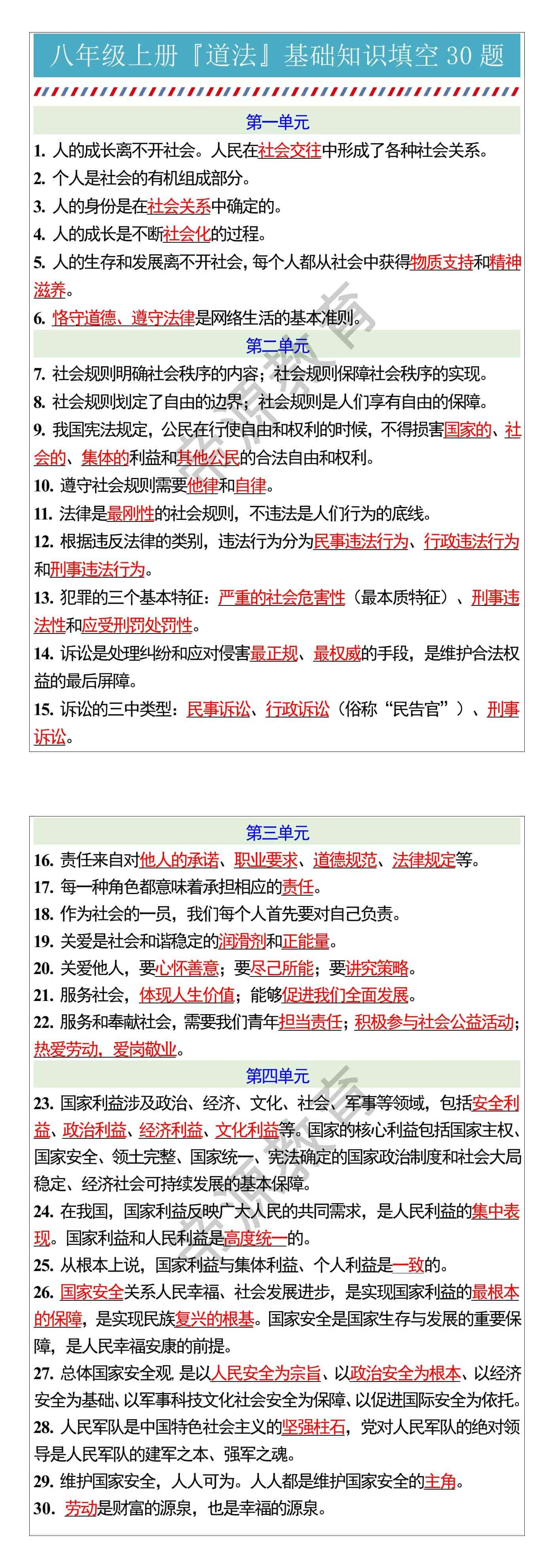 八年级上册『道法』基础知识填空30题