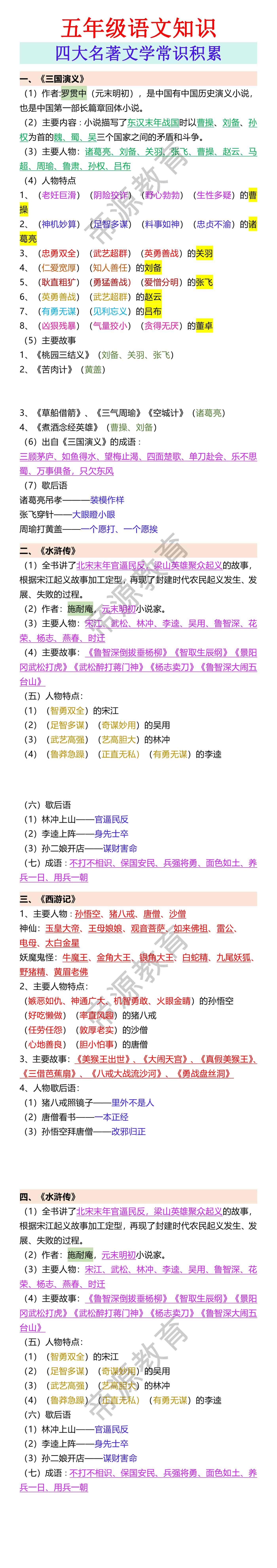 五年级语文知识 四大名著文学常识积累