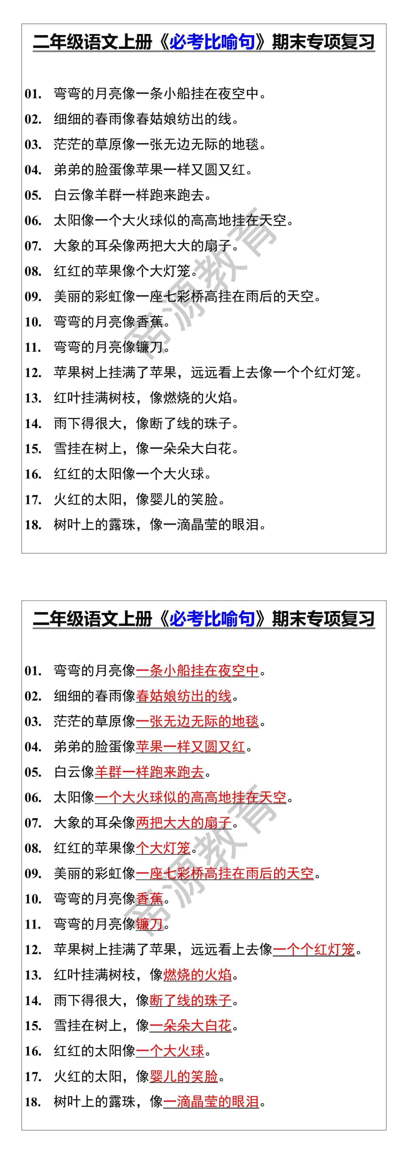 二年级语文上册《必考比喻句》期末专项复习