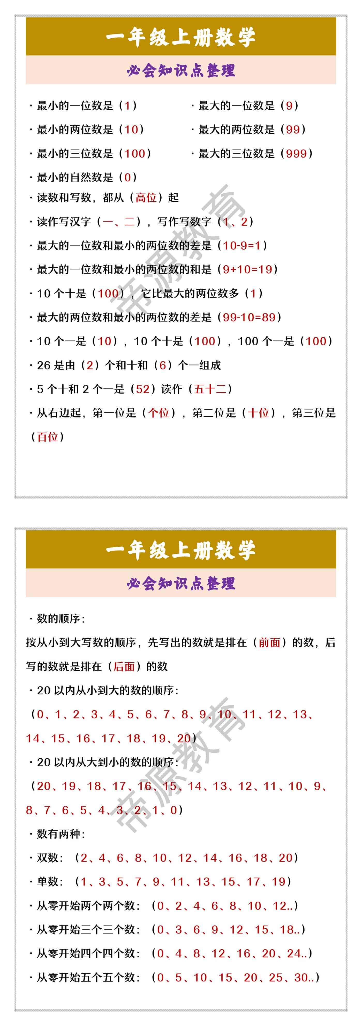 一年级上册数学 必会知识点整理