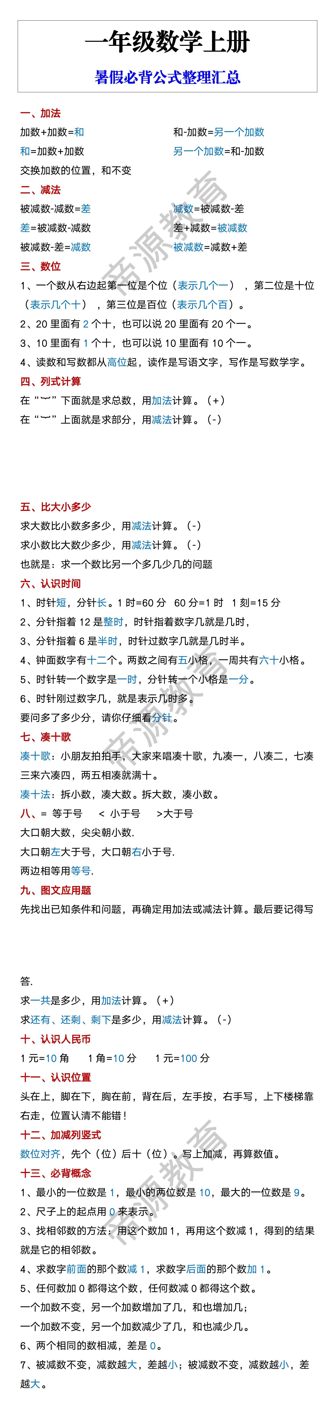 一年级数学上册 暑假必背公式整理汇总