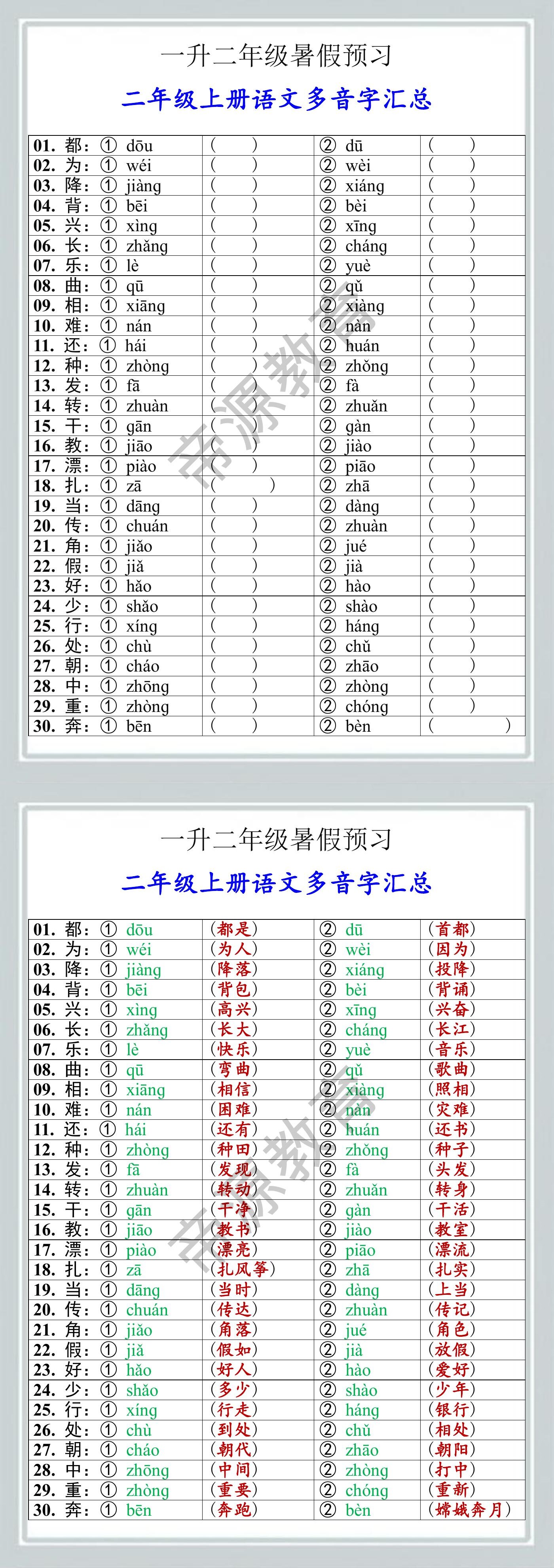 一升二年级上册语文多音字汇总