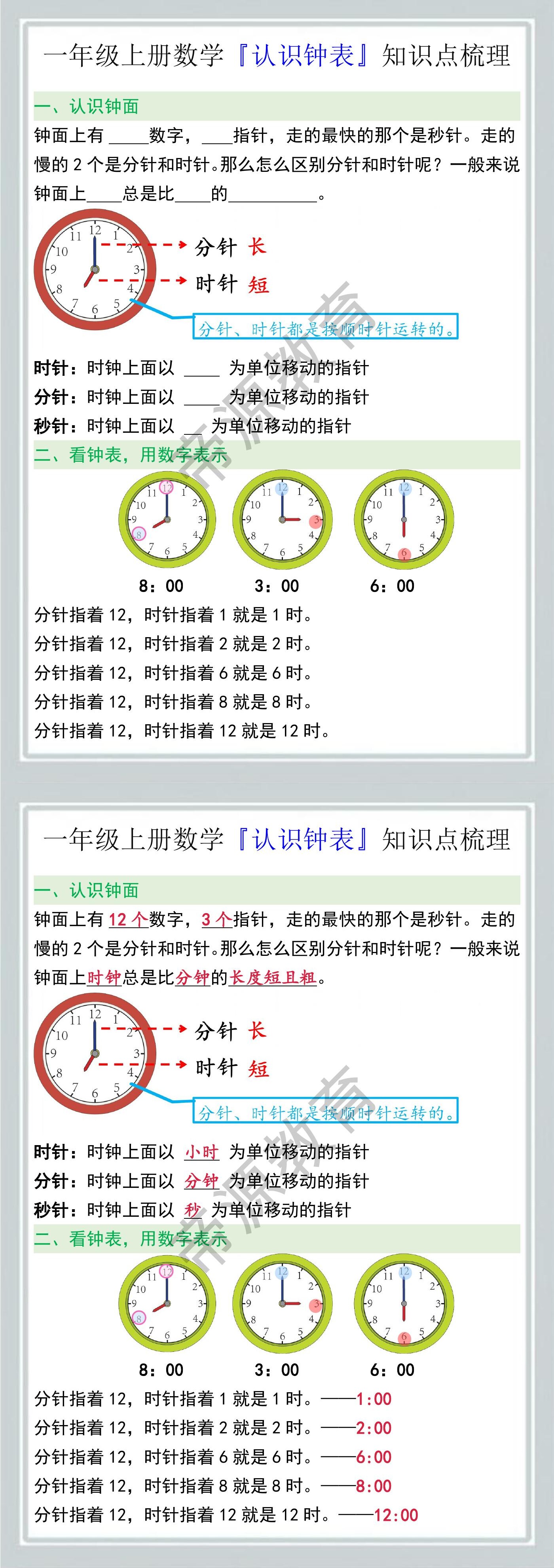 一年级上册数学『认识钟表』知识点梳理