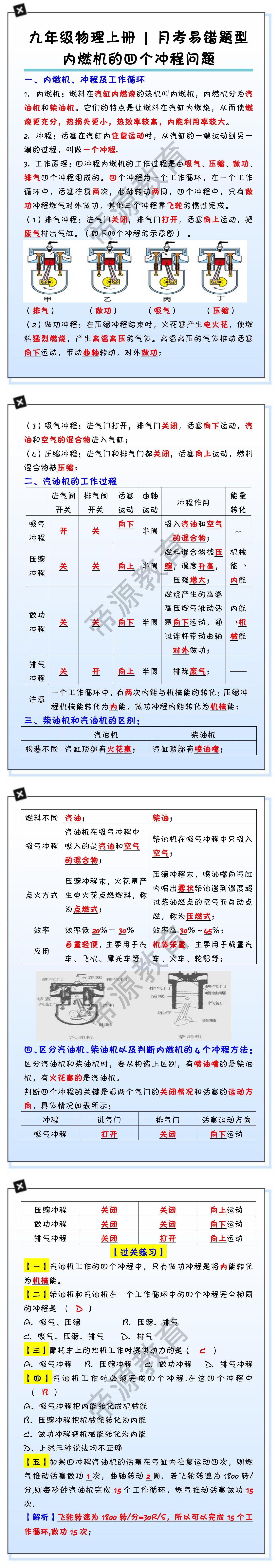 九年级物理上册 | 月考易错题型：内燃机的四个冲程问题