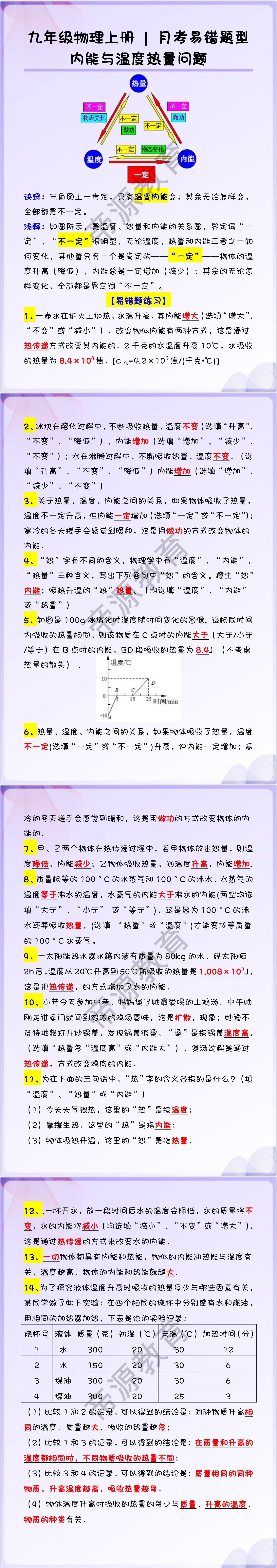 九年级物理上册 | 月考易错题型专练：内能与温度热量问题