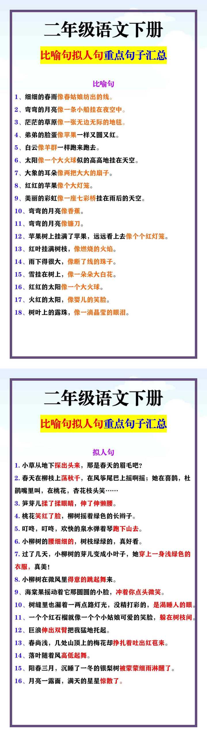 二年级语文下册 比喻句拟人句重点句子汇总