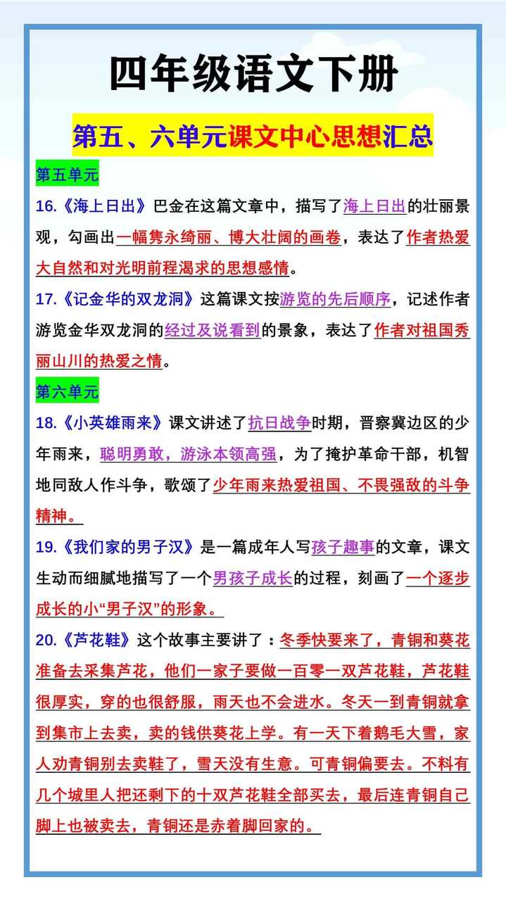 四年级语文下册 第五、六单元课文中心思想汇总