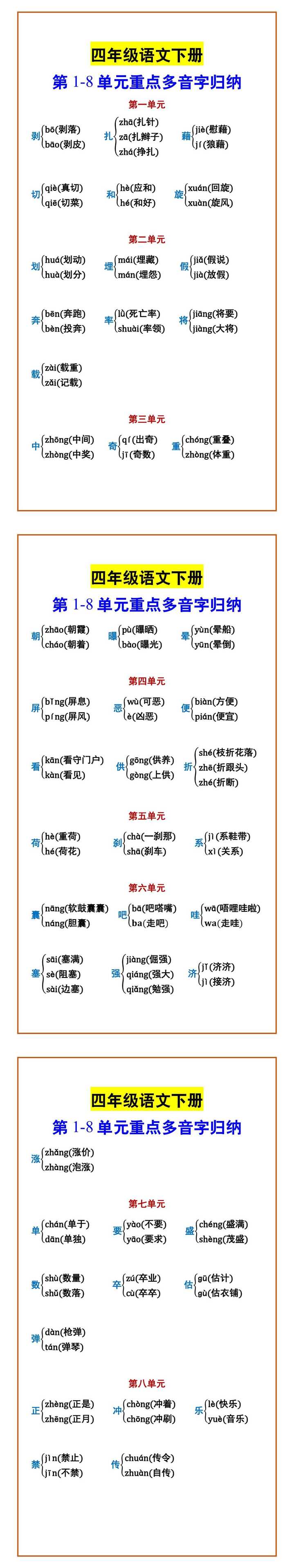 四年级语文下册 第1-8单元重点多音字归纳