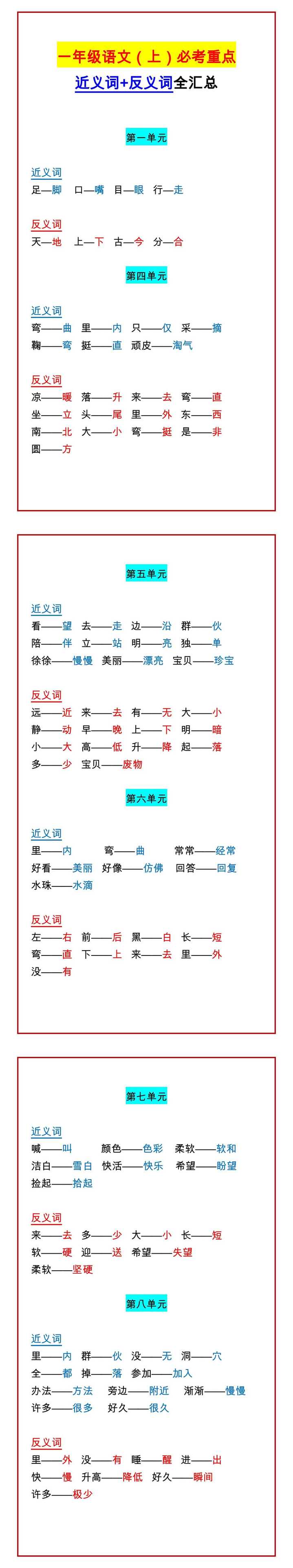 一年级语文（上）必考重点 近义词+反义词全汇总