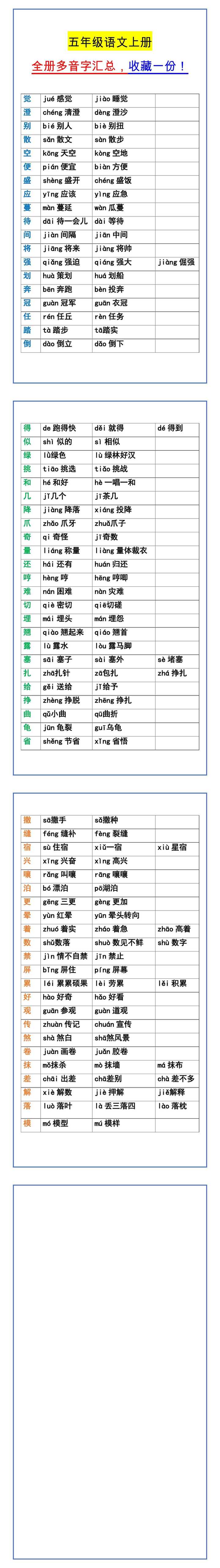 五年级语文上册 全册多音字汇总，收藏一份！