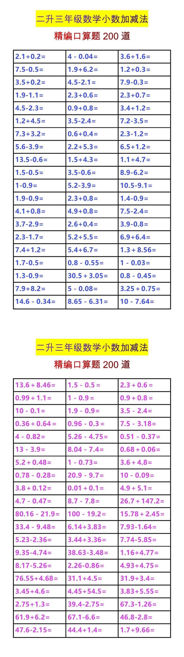 二升三年级数学小数加减法精编口算200道