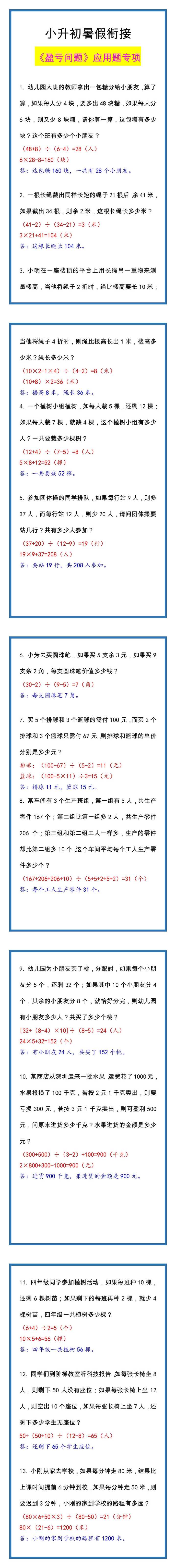 小升初数学《盈亏问题》应用题专项，暑假专练！