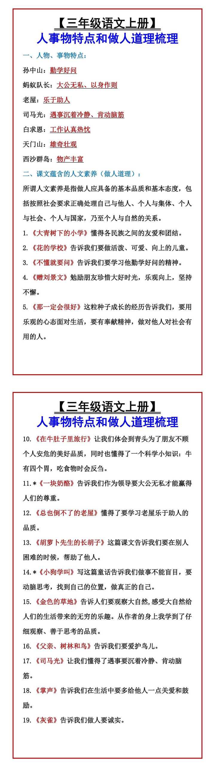 三年级语文上册人事物特点和做人道理梳理三年级语文上册人事物特点和做人道理梳理