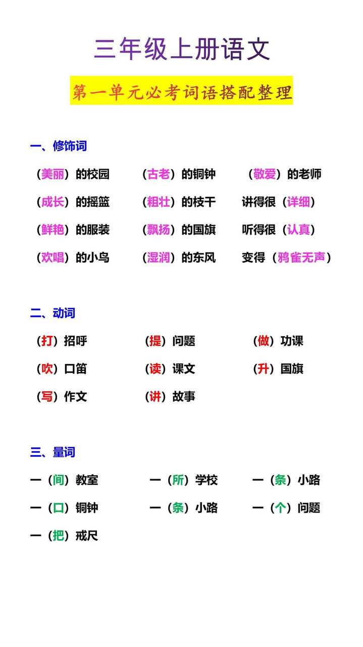 三年级上册语文第一单元必考词语搭配整理