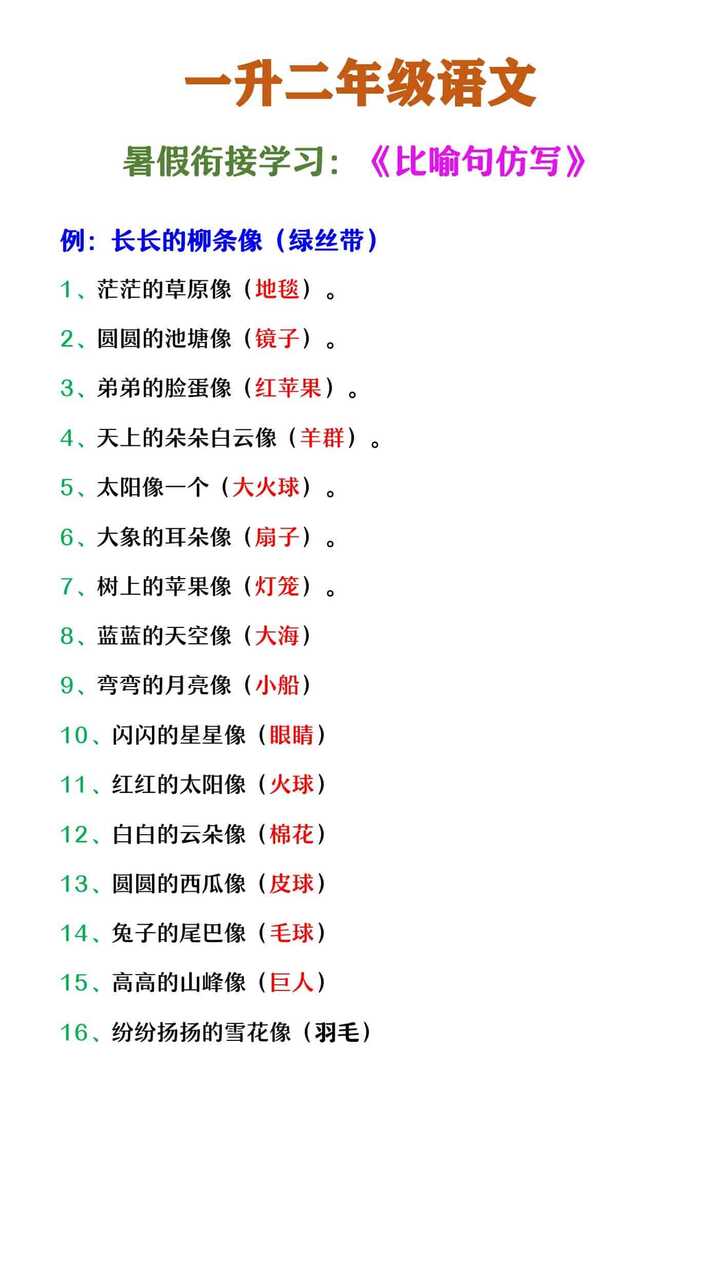 二年级上册语文   《比喻句仿写》暑假衔接练习