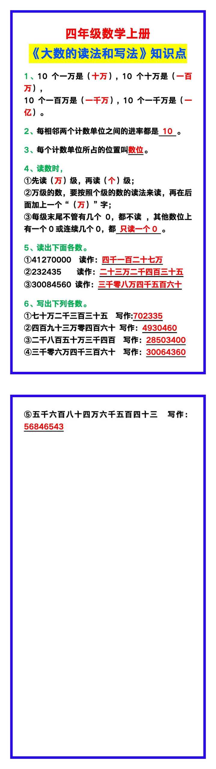 四年级数学上册《大数的读法和写法》知识点预习