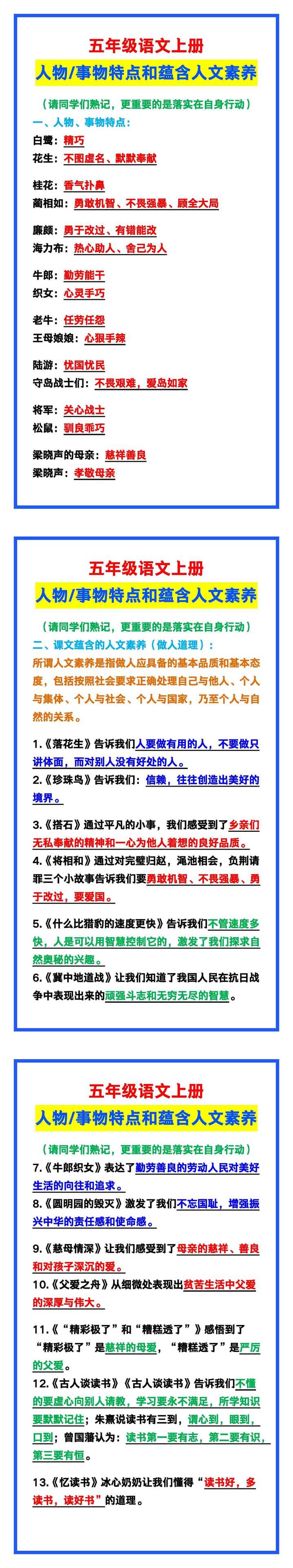 五年级语文上册《人物、事物特点和蕴含人文素养》知识点