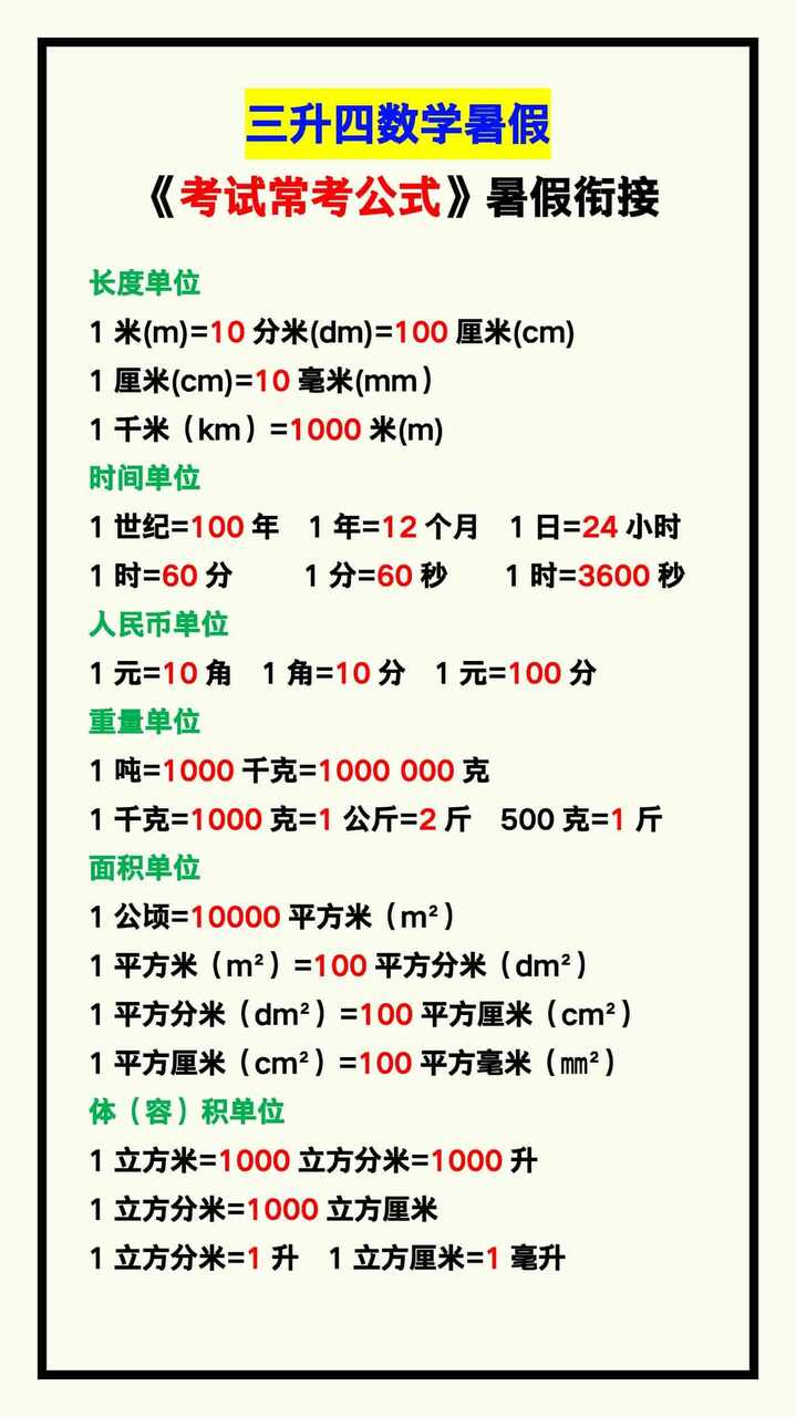 三升四数学暑假《考试常考公式》大汇总