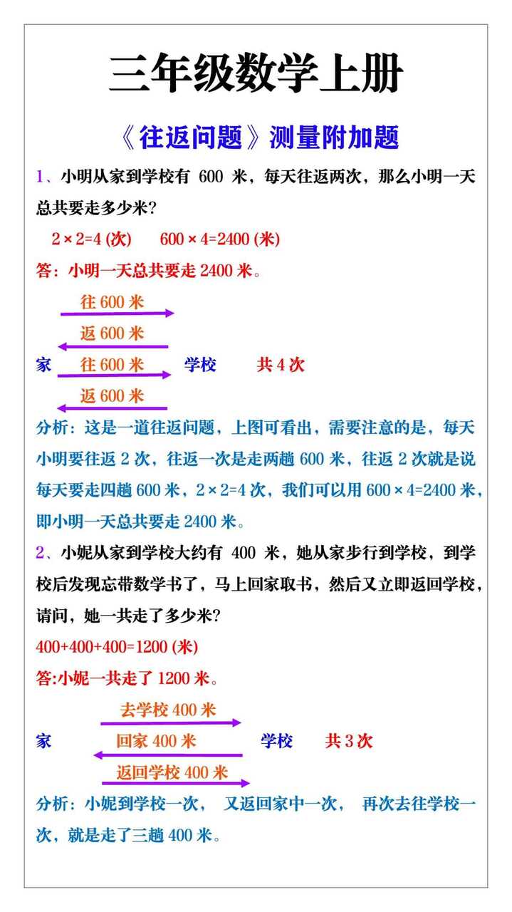 三年级数学上册《往返问题》测量附加题