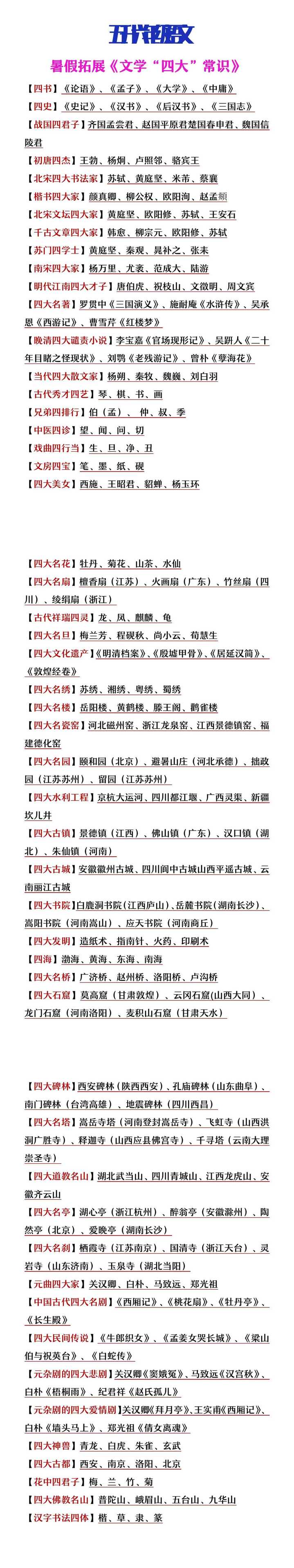 五升六年级语文暑假拓展《文学“四大”常识》