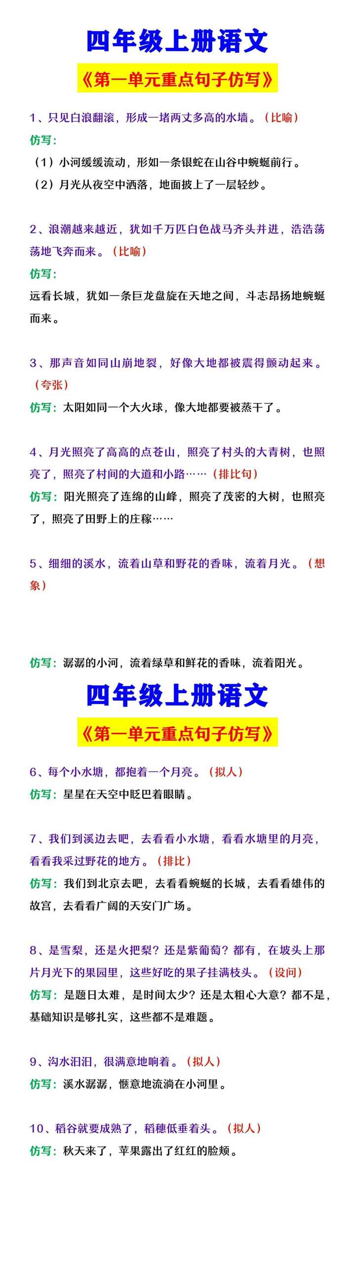 四年级上册语文  《第一单元重点句子仿写》