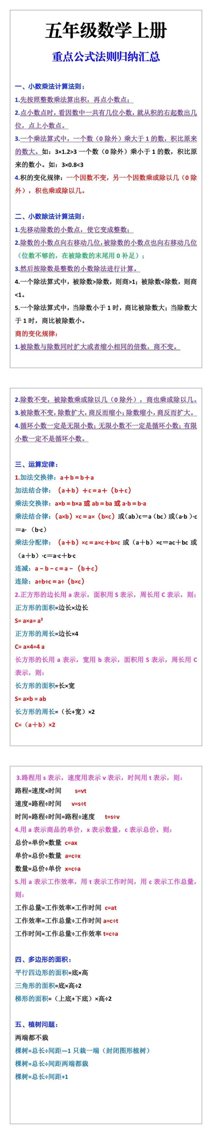 五年级数学上册重点公式法则归纳汇总