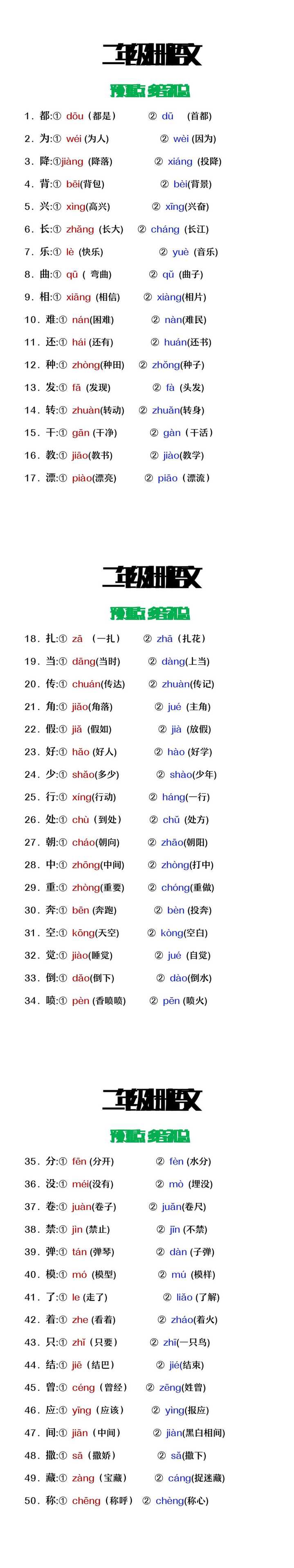 二年级上册语文预习重点多音字汇总