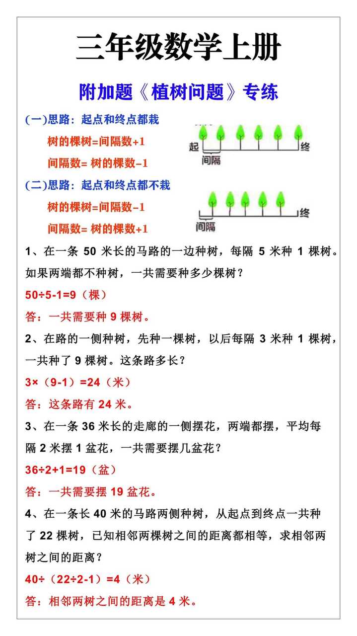 三年级数学上册附加题《植树问题》专练
