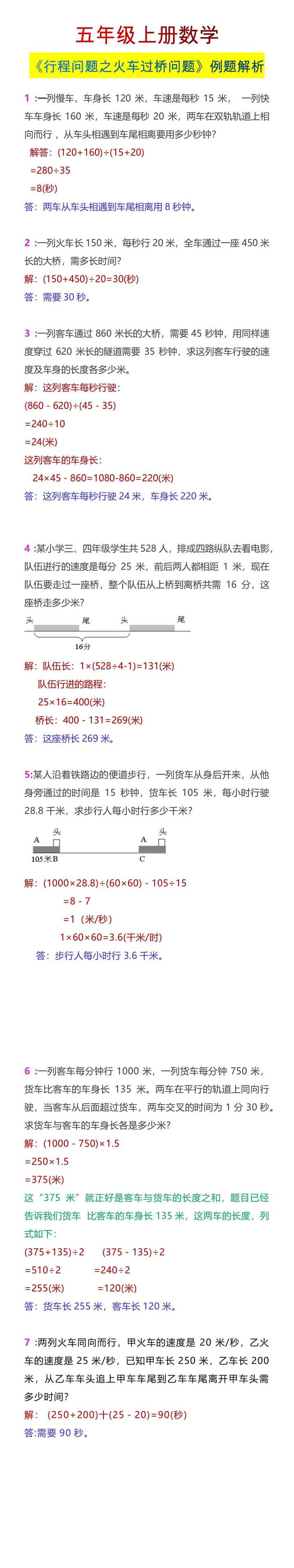 五年级上册数学《行程问题之火车过桥问题》例题解析