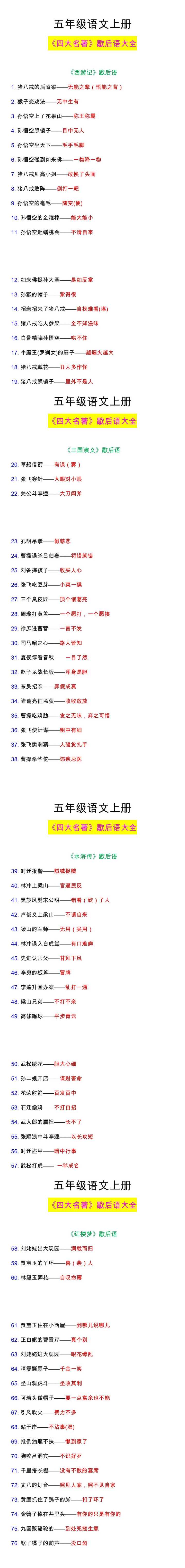 五年级语文《四大名著》歇后语大全