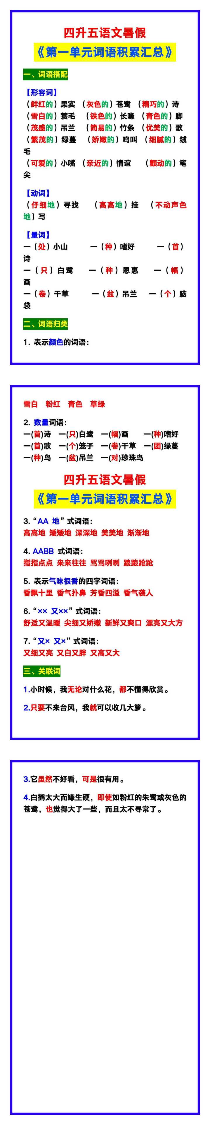 四升五语文暑假《第一单元词语积累汇总》