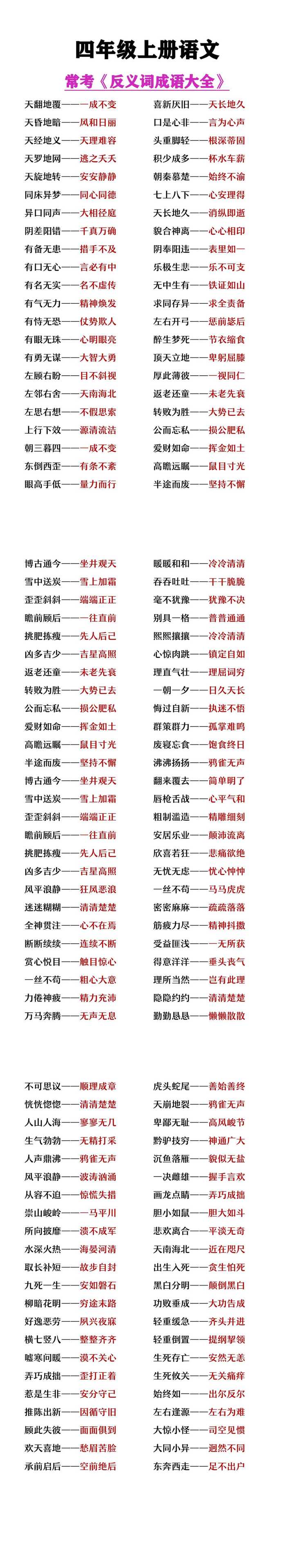 四年级上册语文常考反义词成语大全