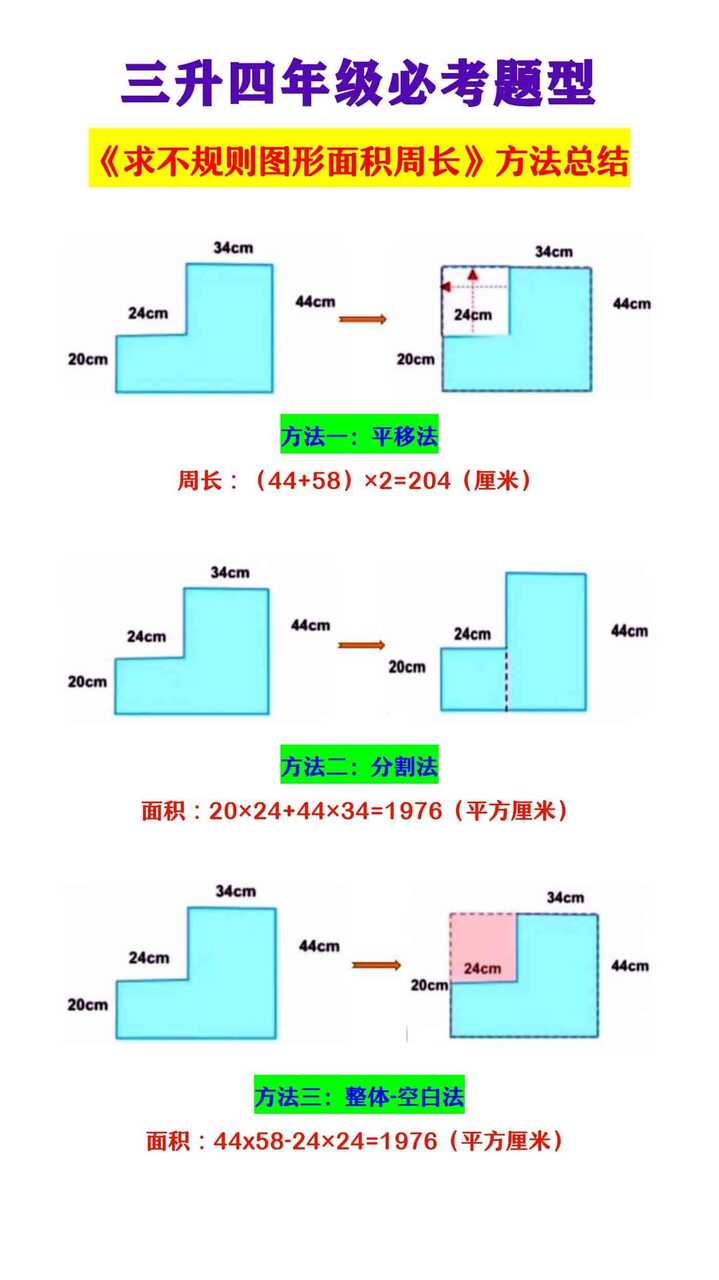 三升四年级必考题型 《求不规则图形面积周长》方法总结