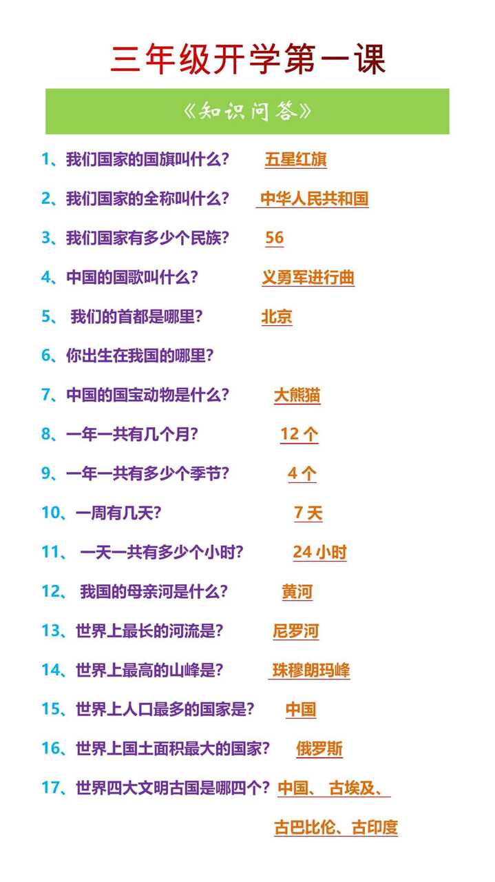 三年级开学第一课《知识问答》