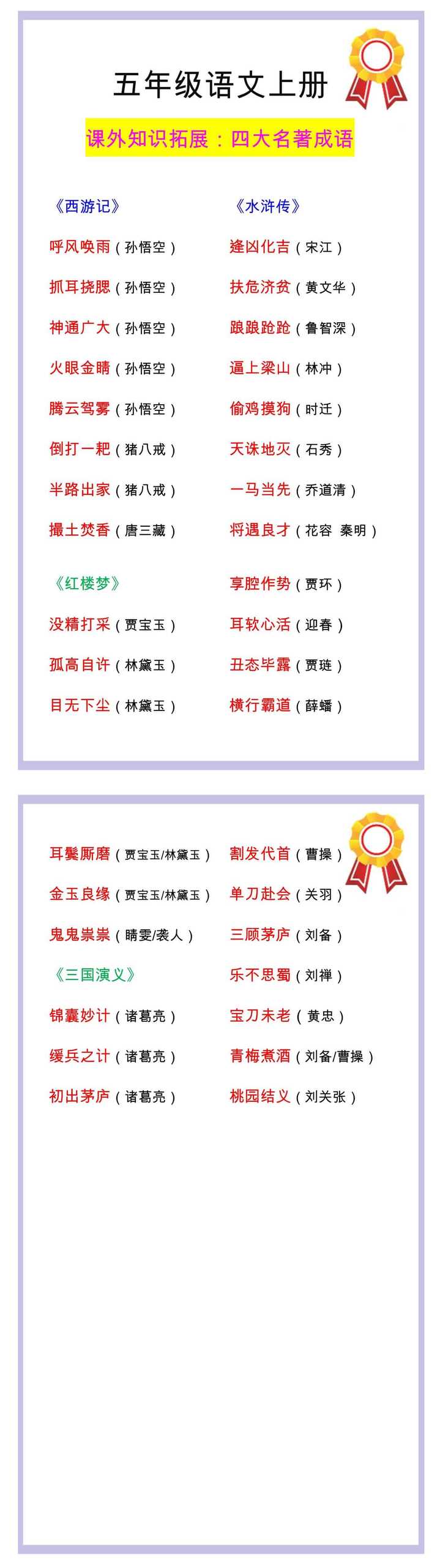 五年级语文课外知识拓展四大名著成语