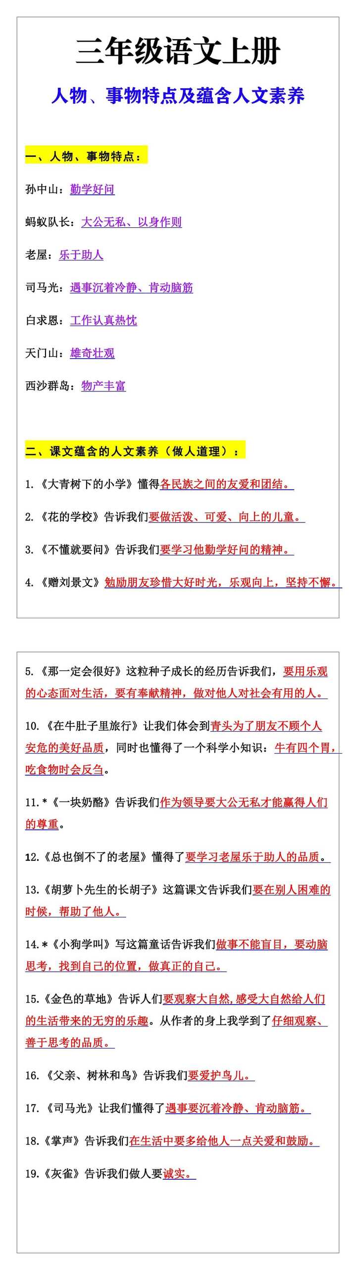 三年级语文上册全册人物，事物特点及蕴含人文素养和道理