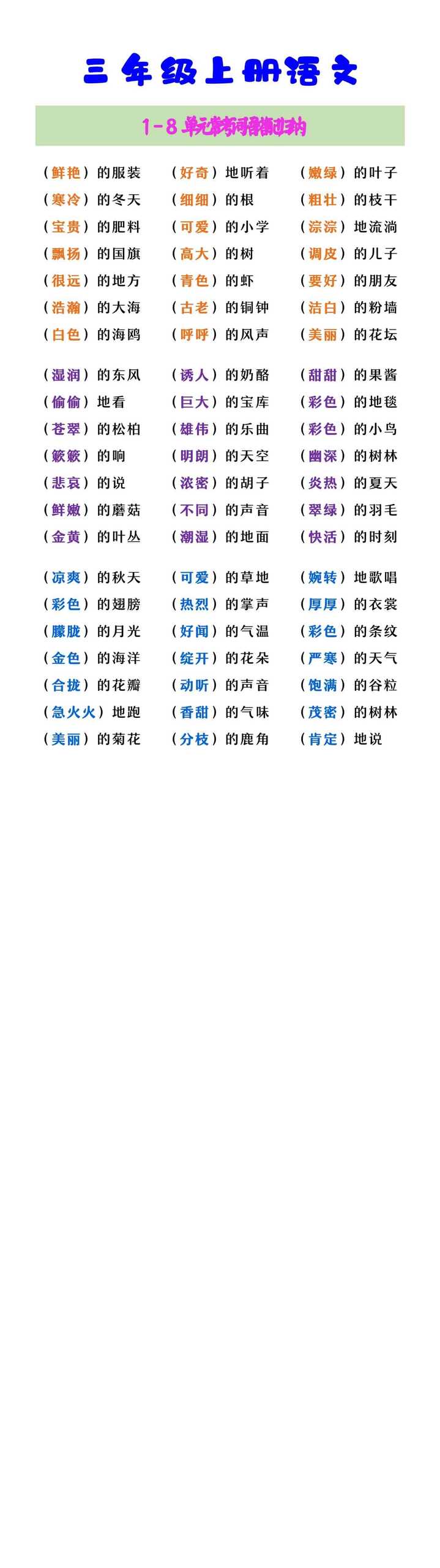 三年级上册语文 1-8单元常考词语搭配归纳