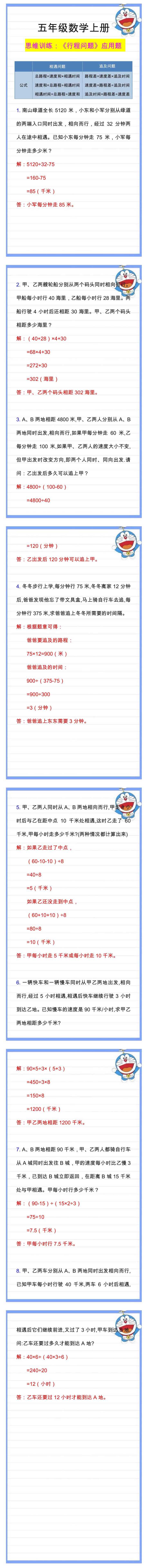 五年级数学必考的行程问题，收藏一份提高做一做！