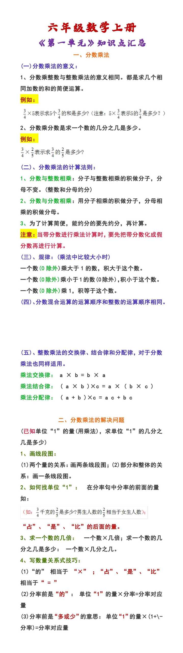 六年级数学上册 《第一单元》知识点汇总